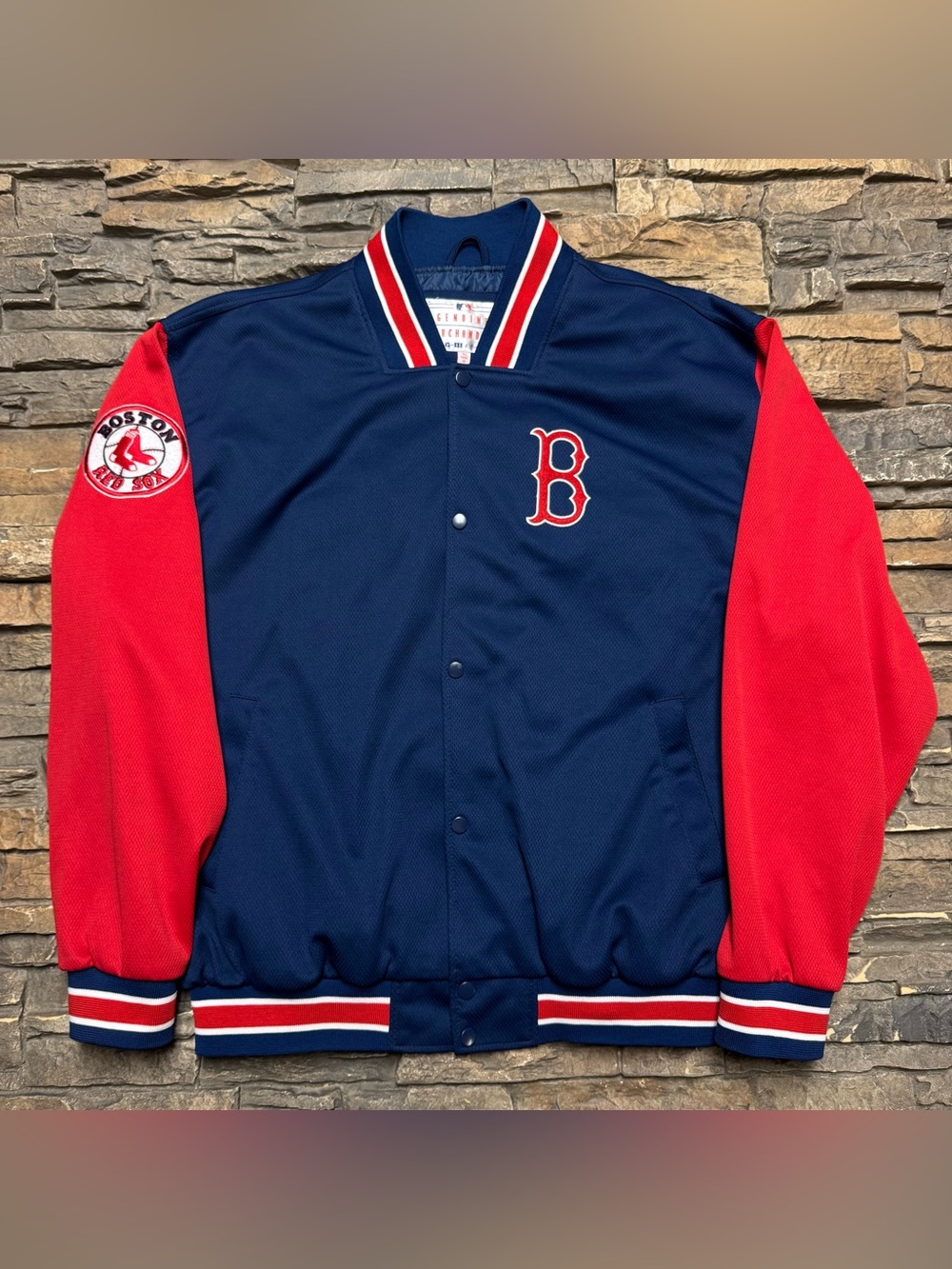 Boston Red Sox Jacket Men’s XL Blue Red Warm Up Varsity Snap Up Embroidered Logo
